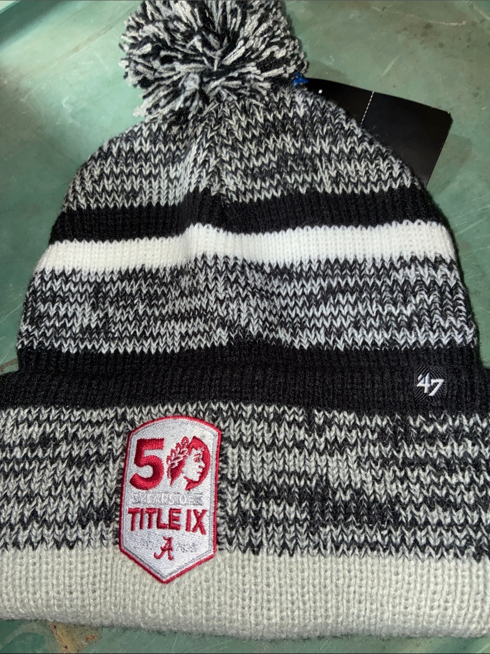 47 Brand Black White Gray Pom Beanie with Red Patch